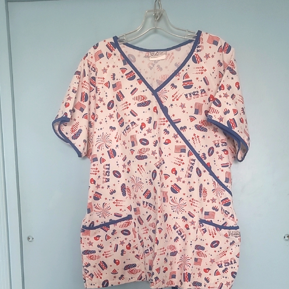 Smart Scrubs Red, White, and Blue Patterned Top